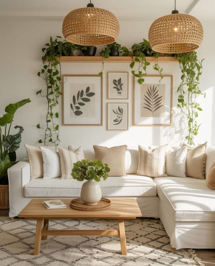 Cozy reading nook with vintage armchair and botanical prints