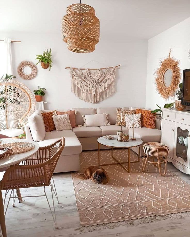 Modern living room with neutral tones and natural textures